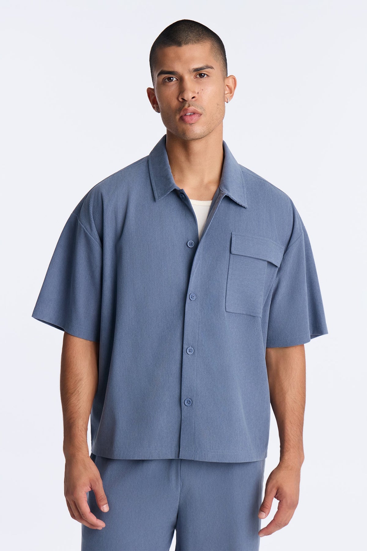 Hansen Corduroy Boxy Button Up Shirt - Slate Blue