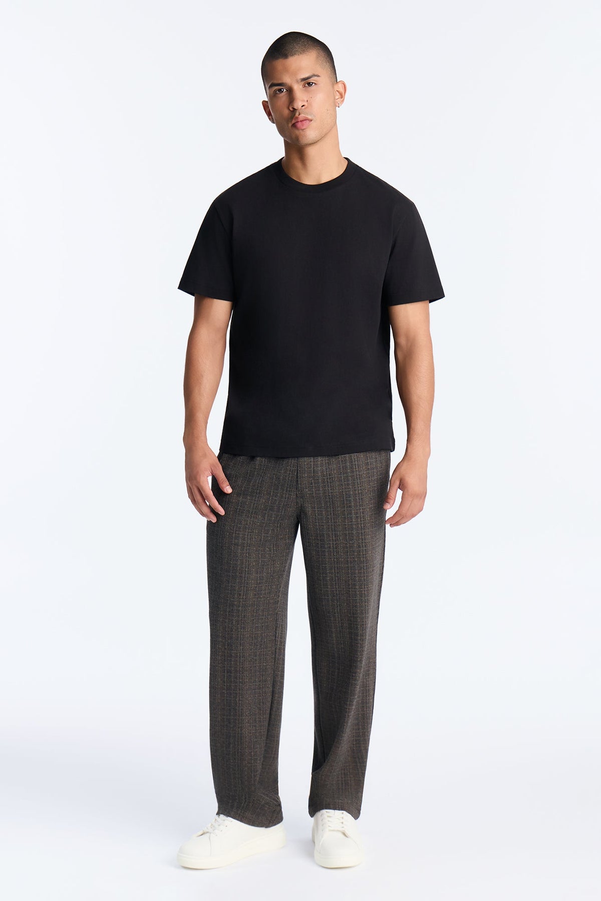 Printed Plaid Heather Relaxed Pants - Brown Combo