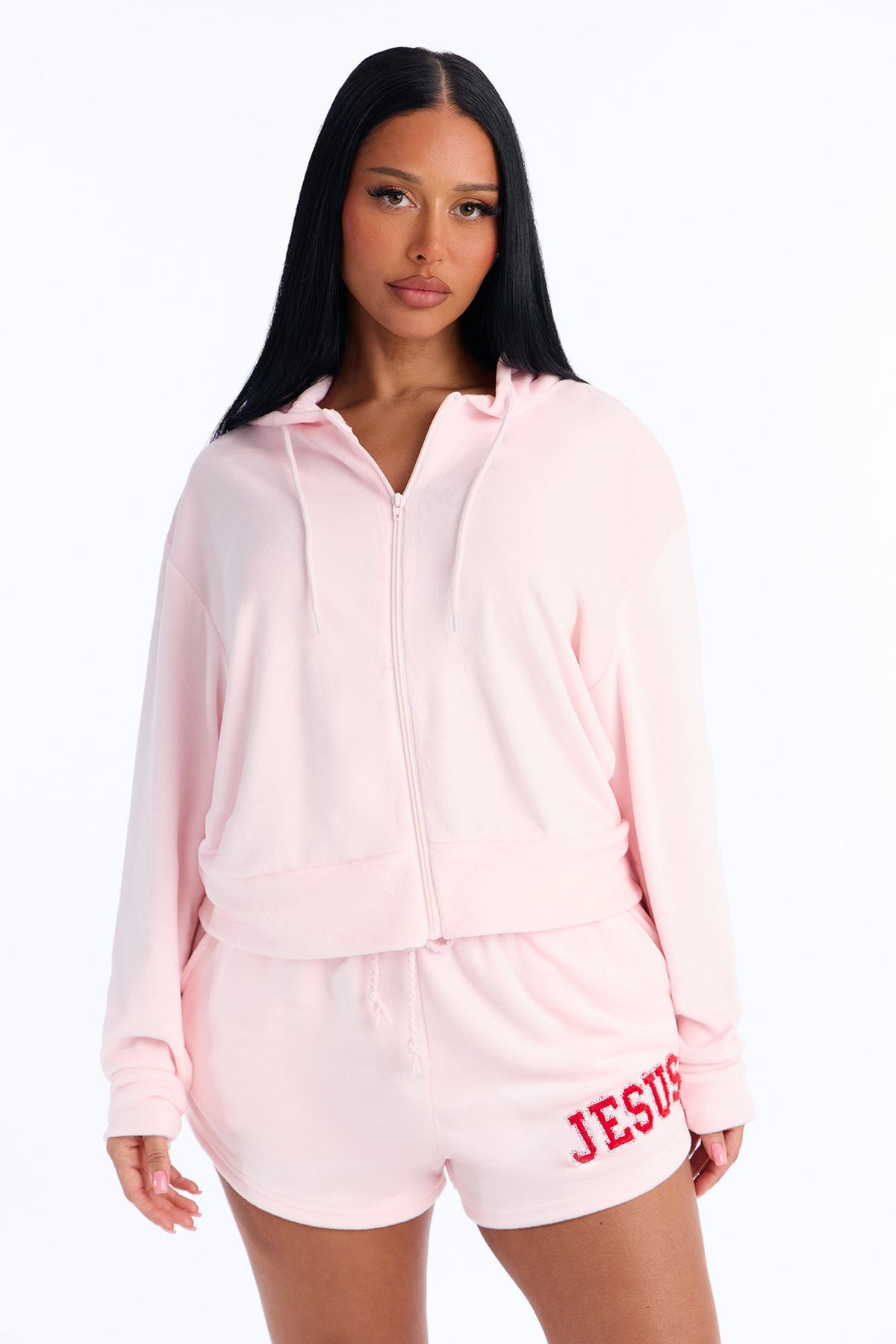 Jesus Love Velour Hooded Zip Up PJ Short Set - Pink