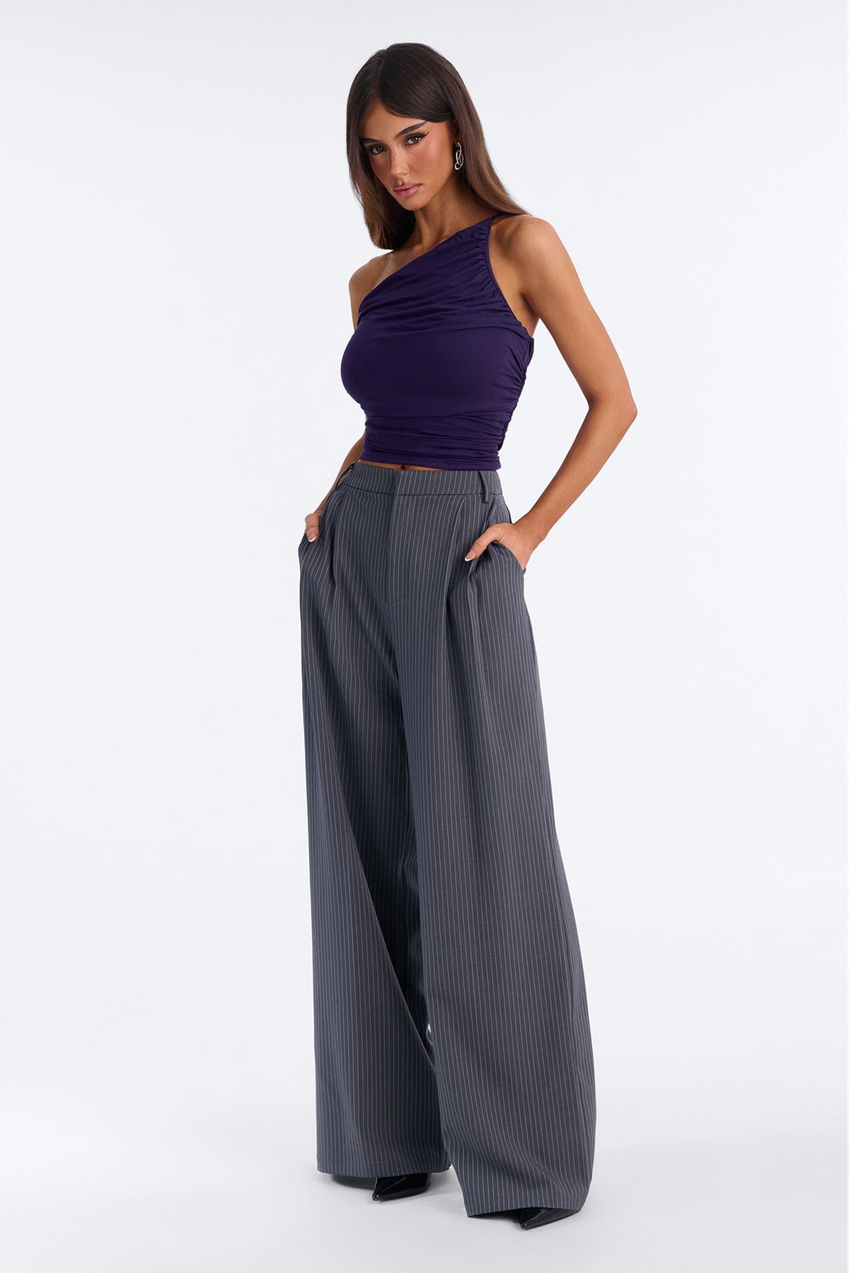 Kehlani One Shoulder Ruched Sleeveless Top - Plum