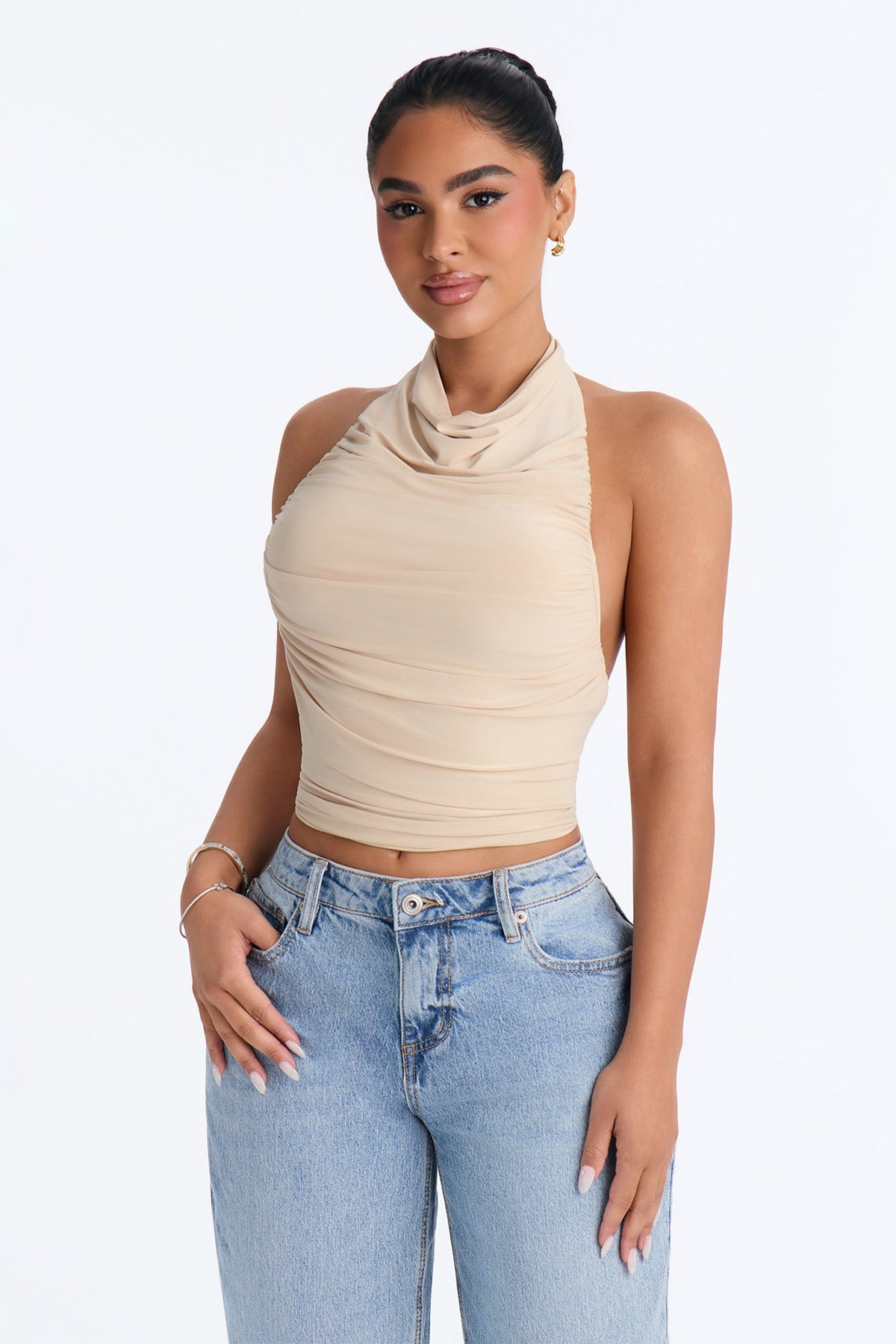 Mila Ruched Cowl Neck Halter Top - Stone