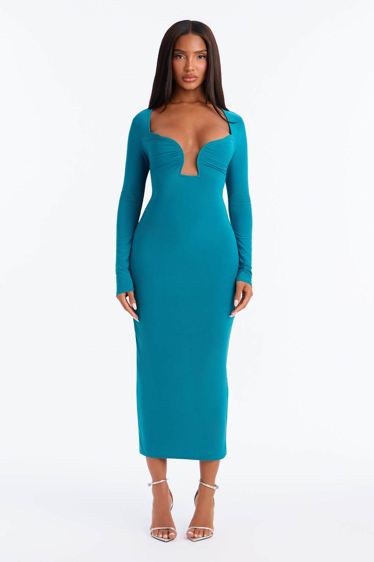 Secret Crush Deep V Midi Dress - Teal