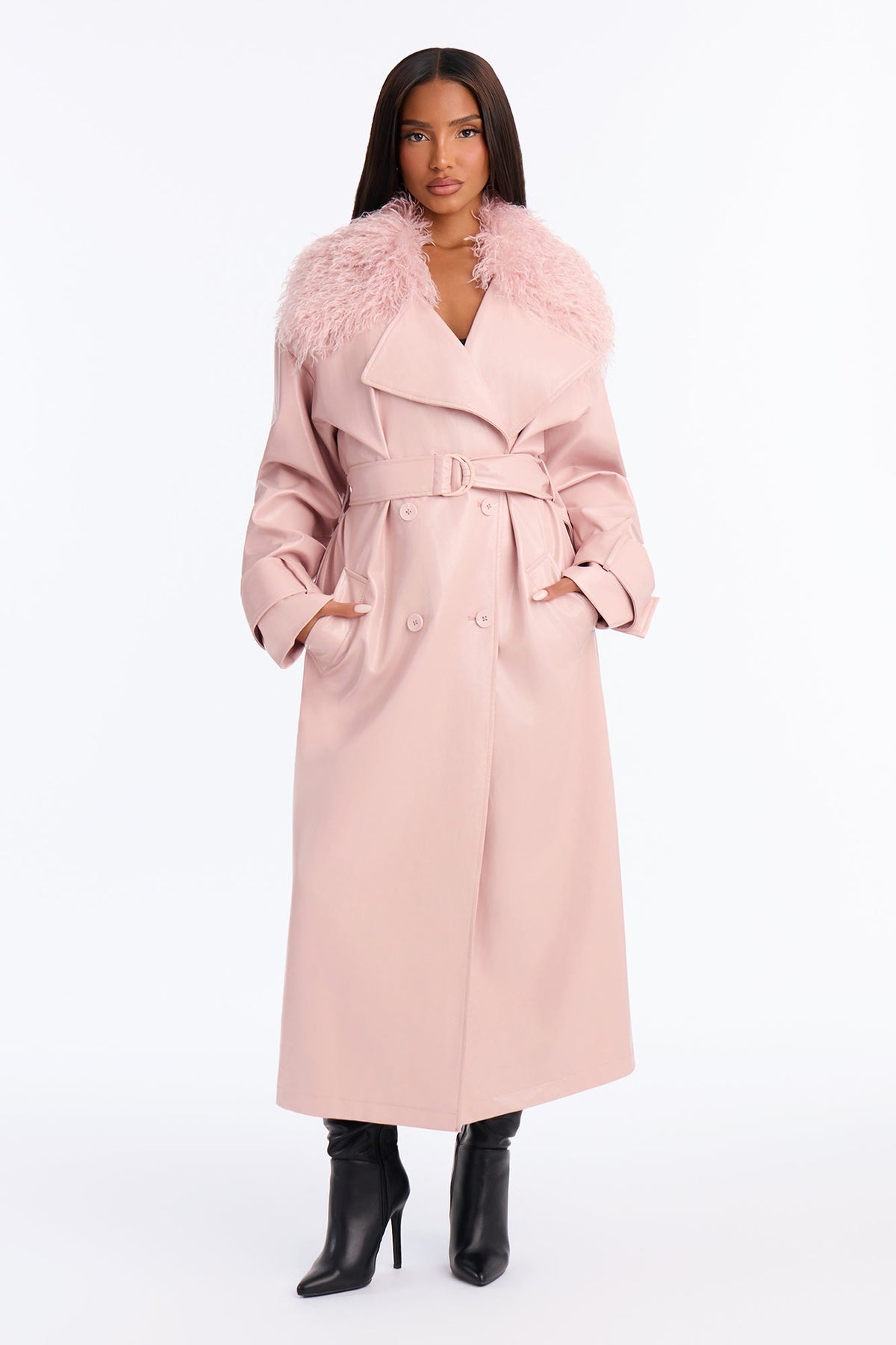 Marissa Faux Leather Fur Trim Maxi Coat - Pink