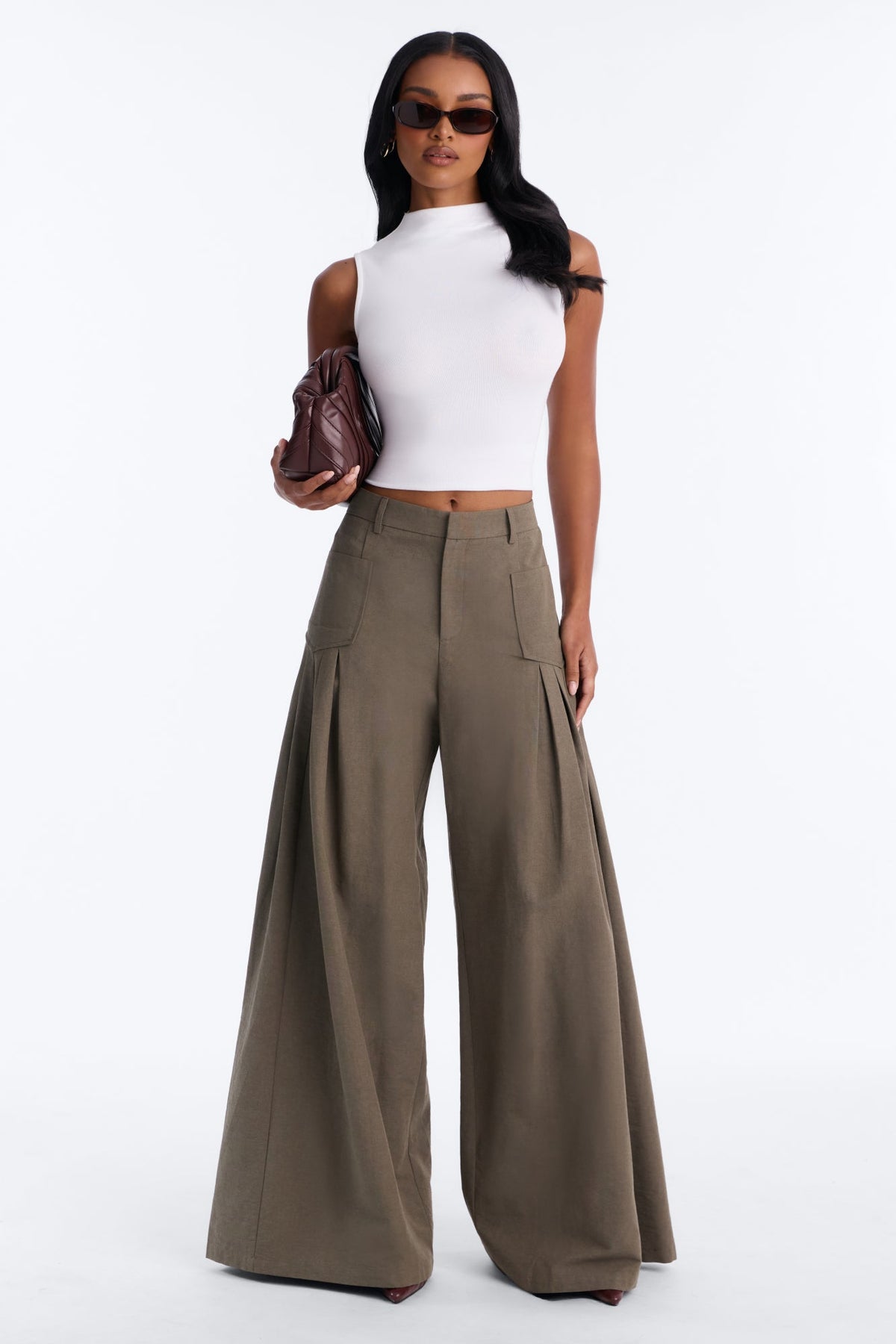 Everly High Rise Pleated Wide Leg Trouser Pant - Olive