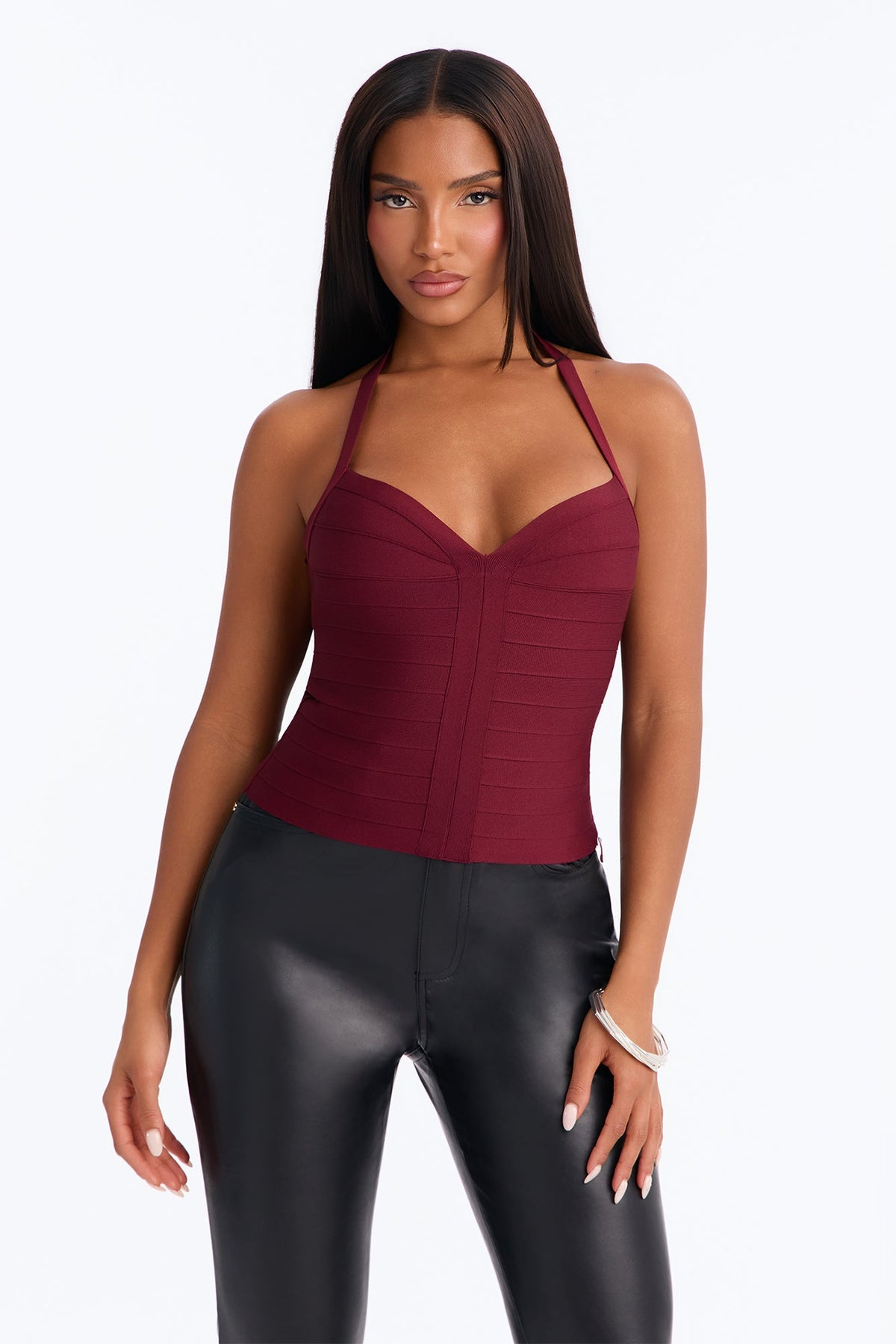 Melanie Bandage V-Neck Halter Top - Burgundy