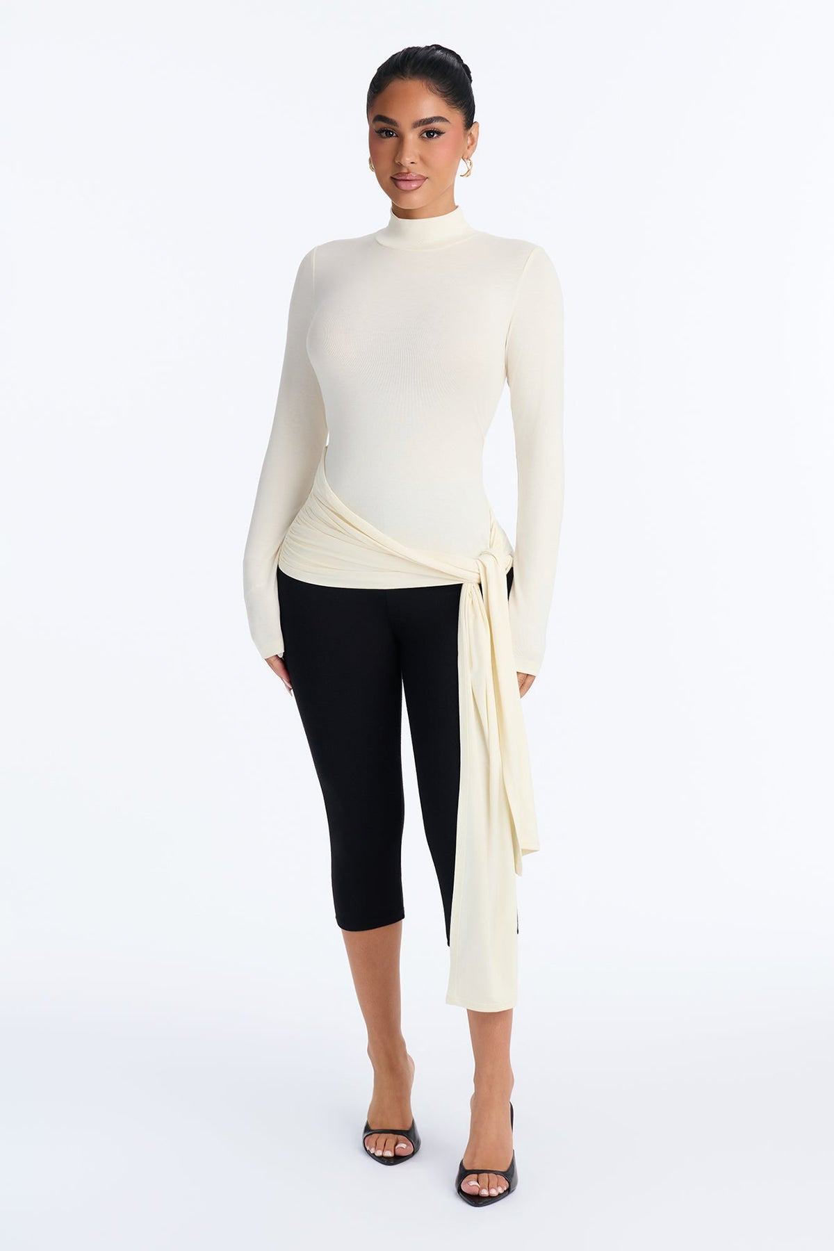 Elara Tie Waist Mock Neck Long Sleeve Top - Cream