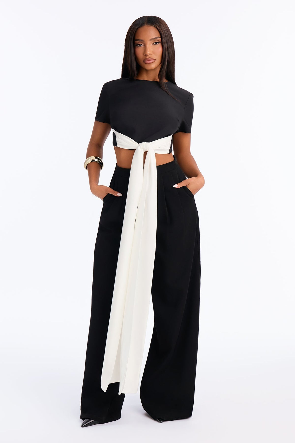 Deserving Cropped Tie Waist Blouse - Black/White