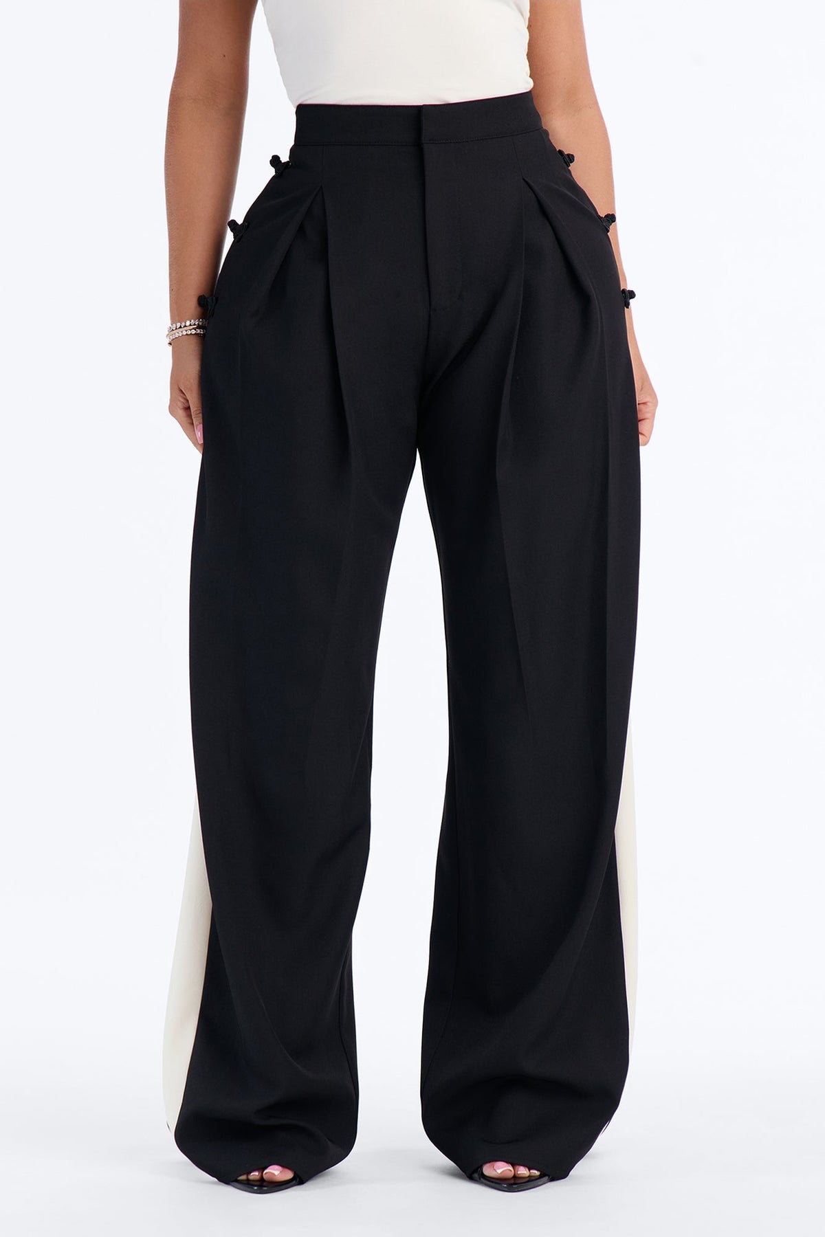 Serina Side Stripe Embellished Wide Leg Trouser - Black/White