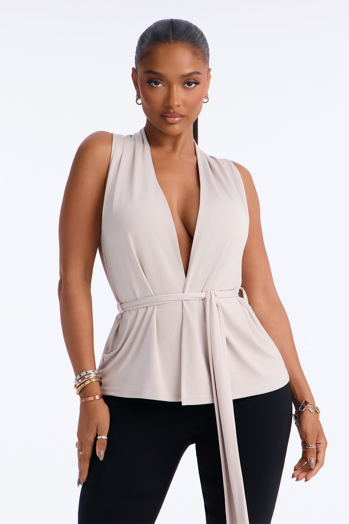 Katherine Tie Waist Halter Top - Stone