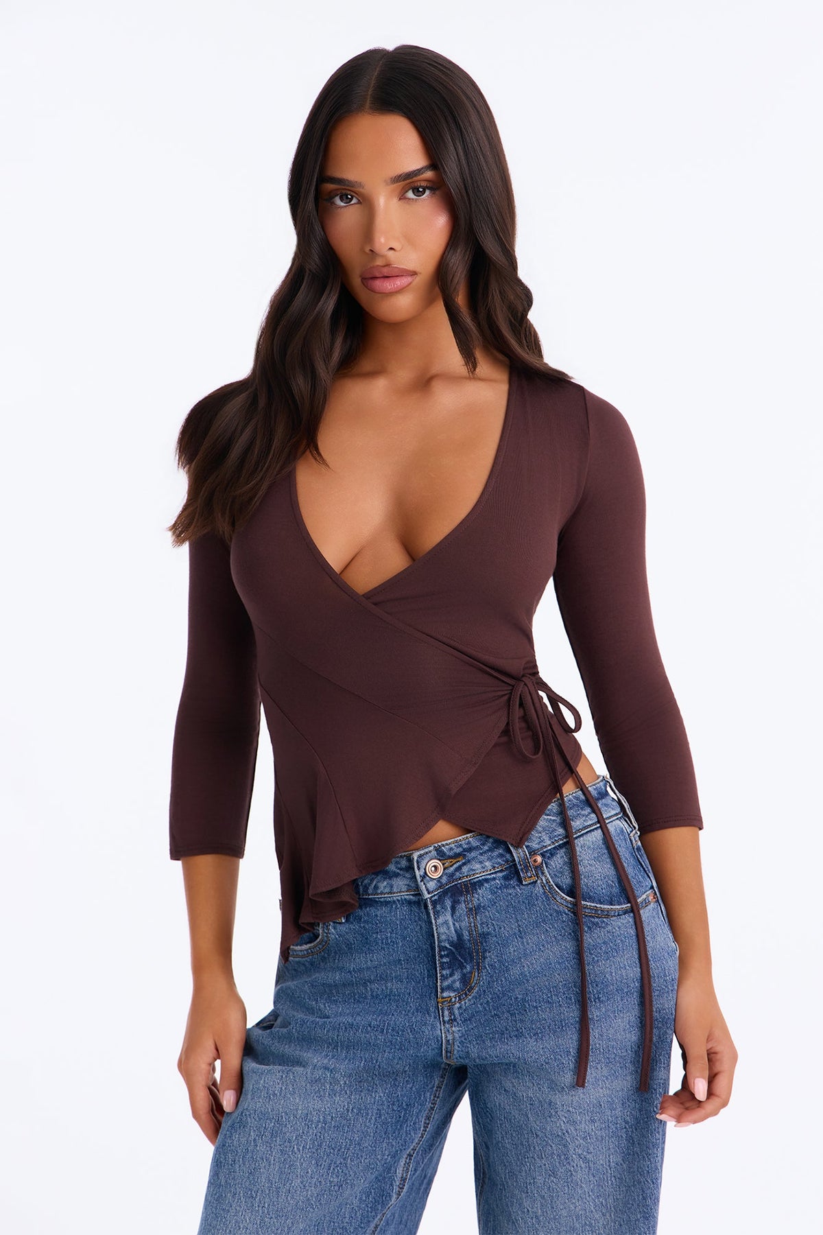 Sunny Surplice Ruffle 3/4 Sleeve Wrap Top - Chocolate