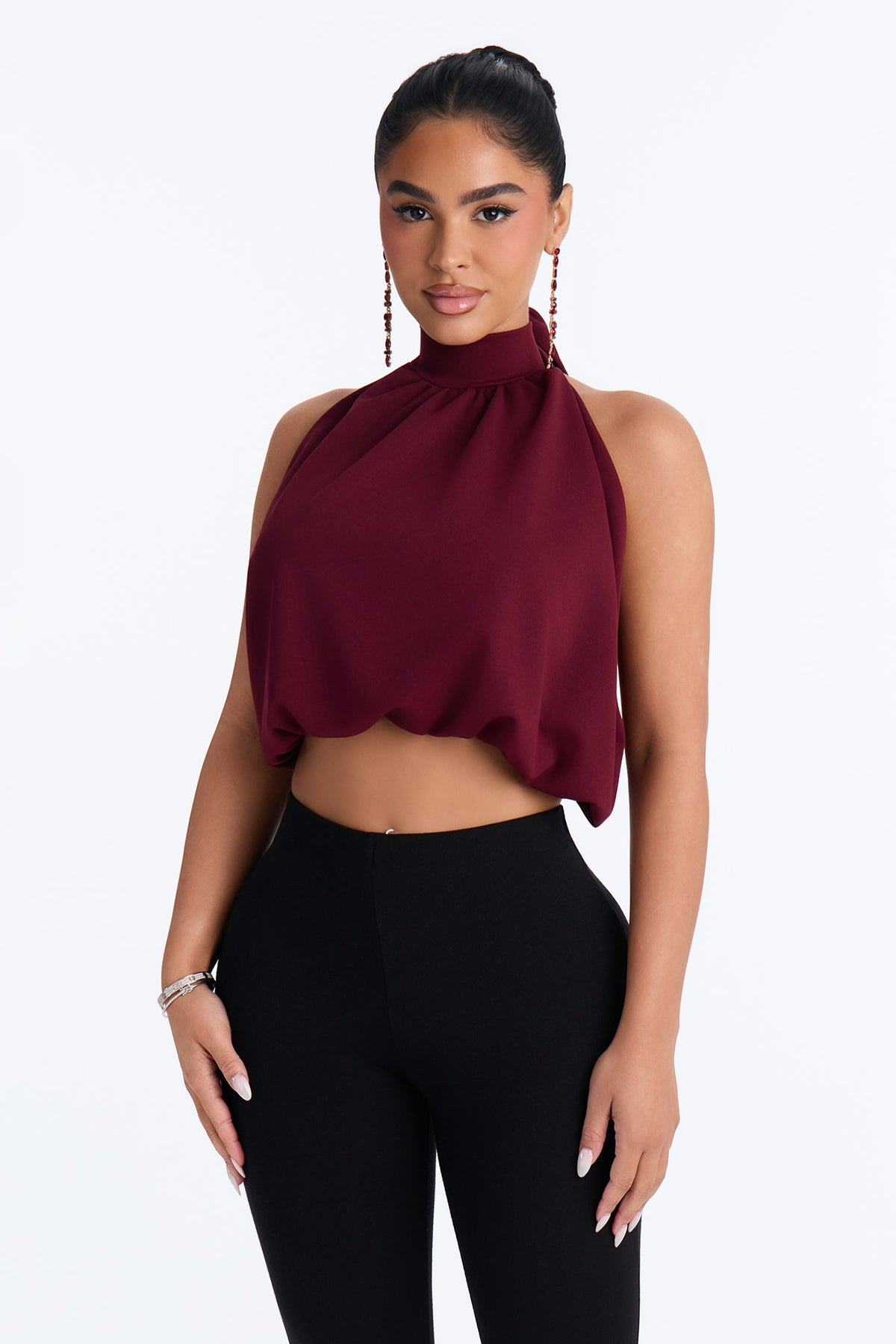 Hailey High Low Bubble Hem Halter Top - Wine