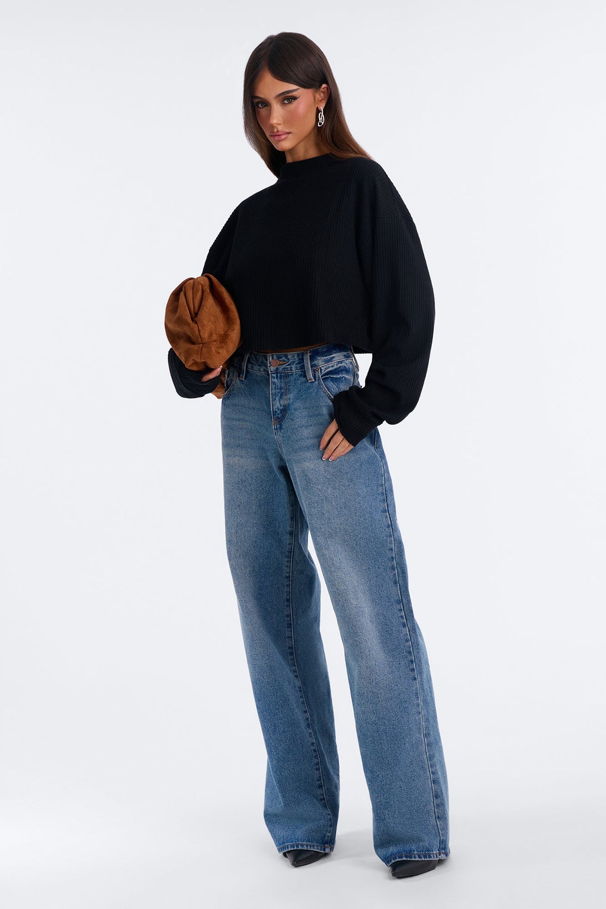 Evie Boxy Crop Rib Long Sleeve - Black