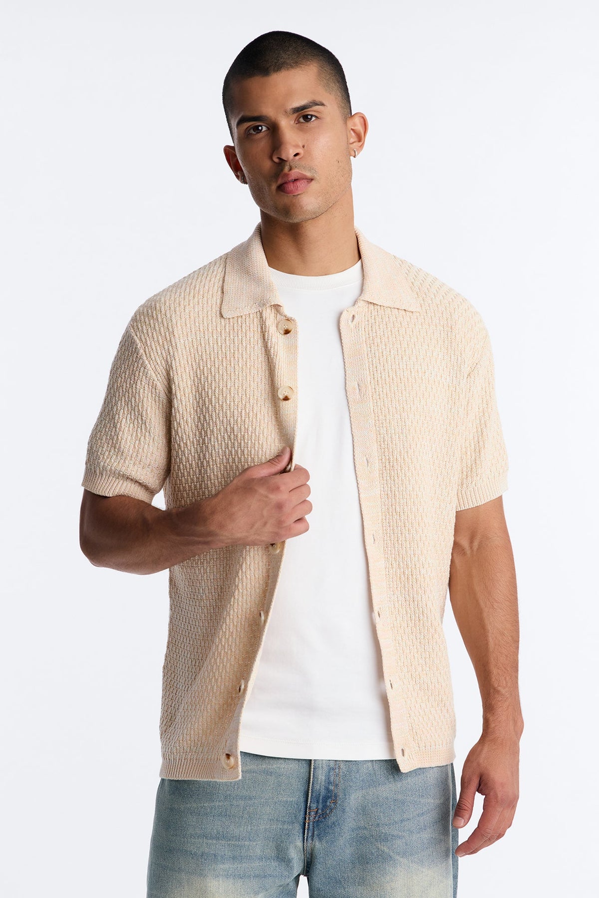 Textural Stitch Button Up Sweater - Cream/combo
