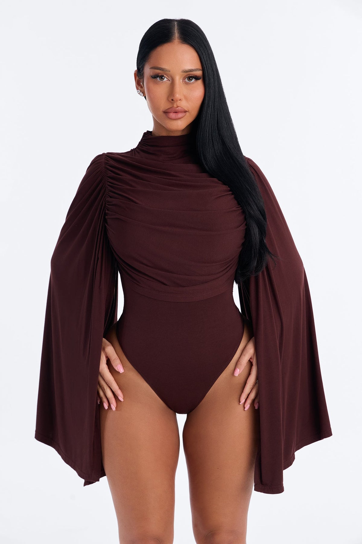Special Event Draped Long Sleeve Bodysuit - Brown