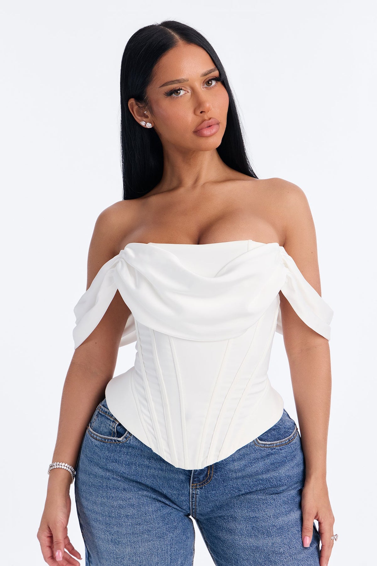 Elle Peplum Satin Corset Top - Cream