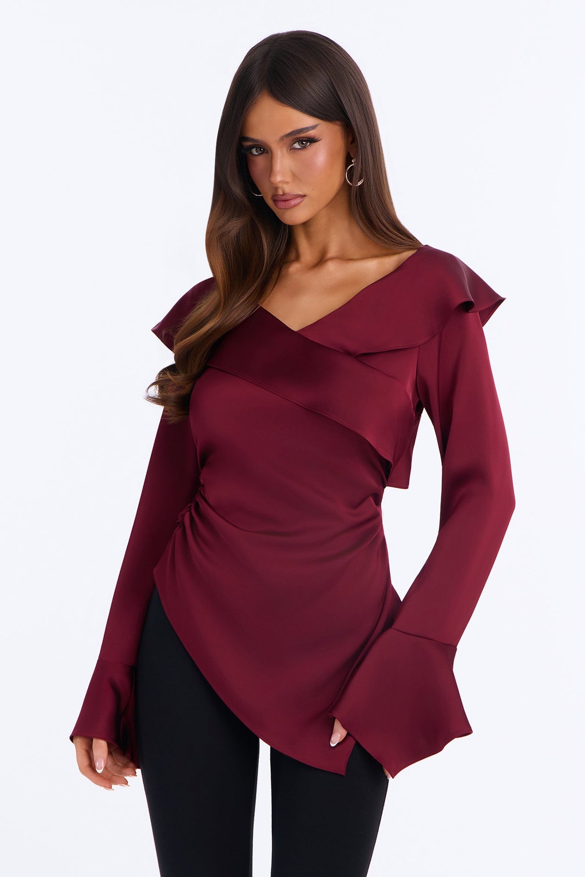 Winter Bloom Satin Ruffle Blouse - Burgundy