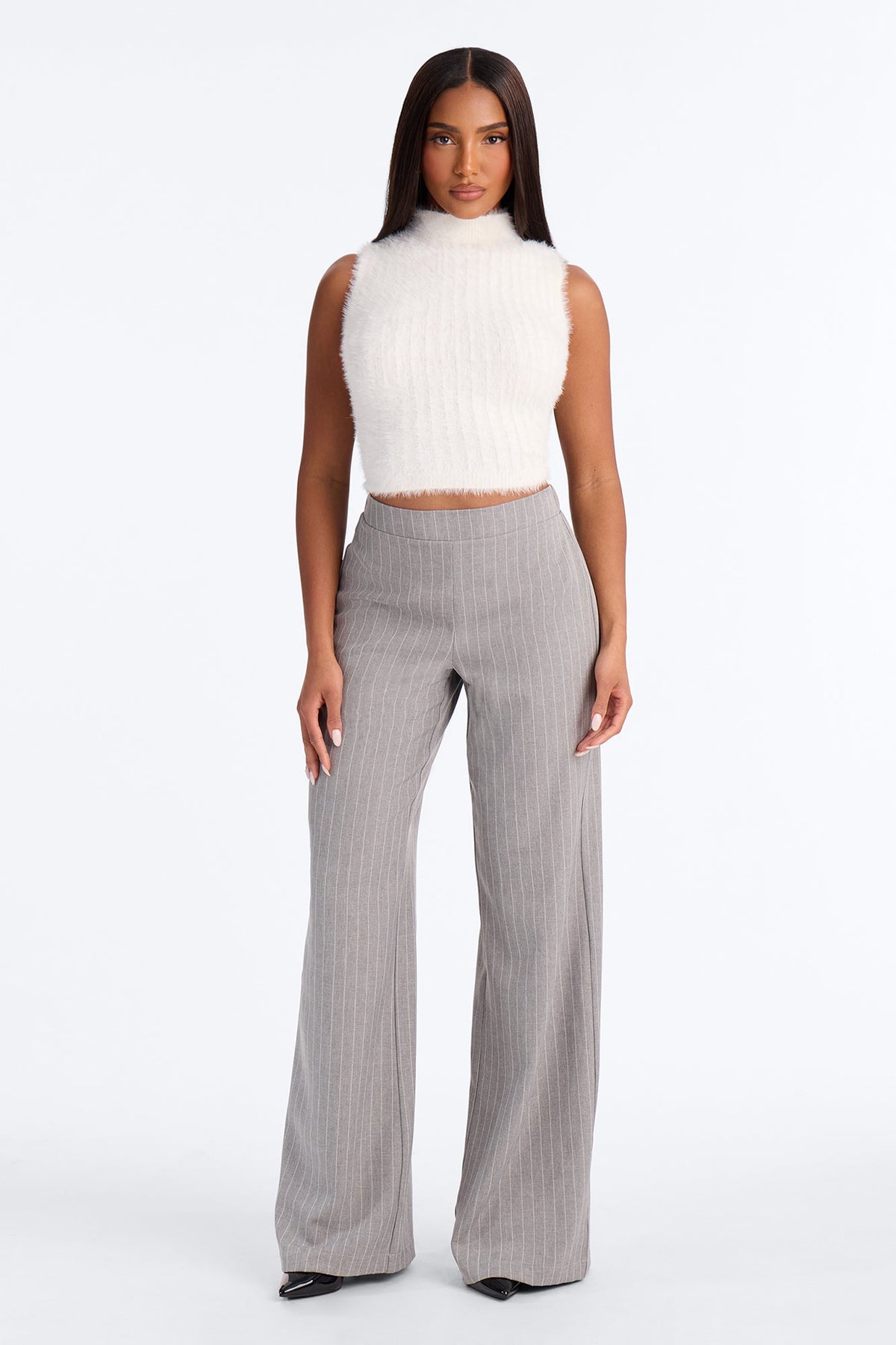 Everyday Pull on Pinstripe Wide Leg Trouser - Grey