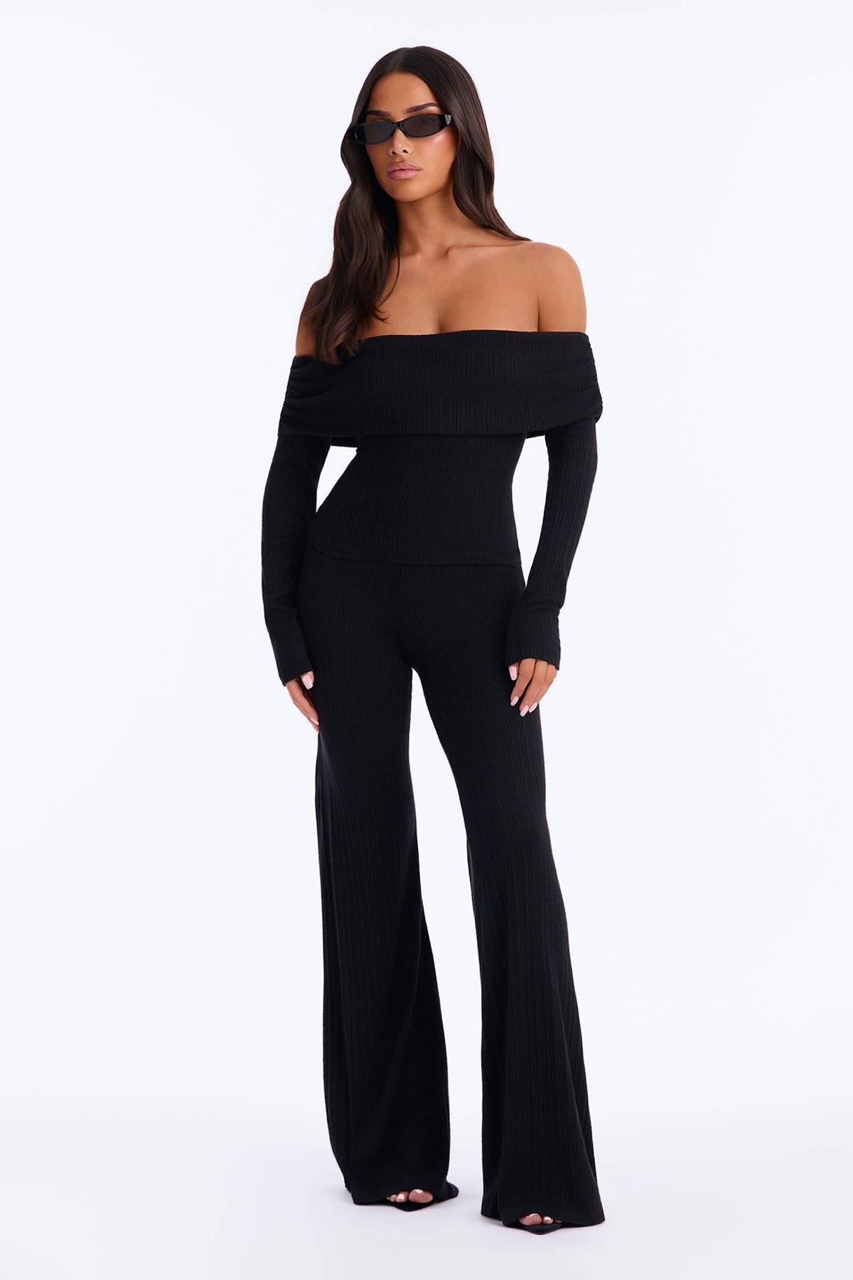 Alina Off Shoulder Sweater Pant Set - Black