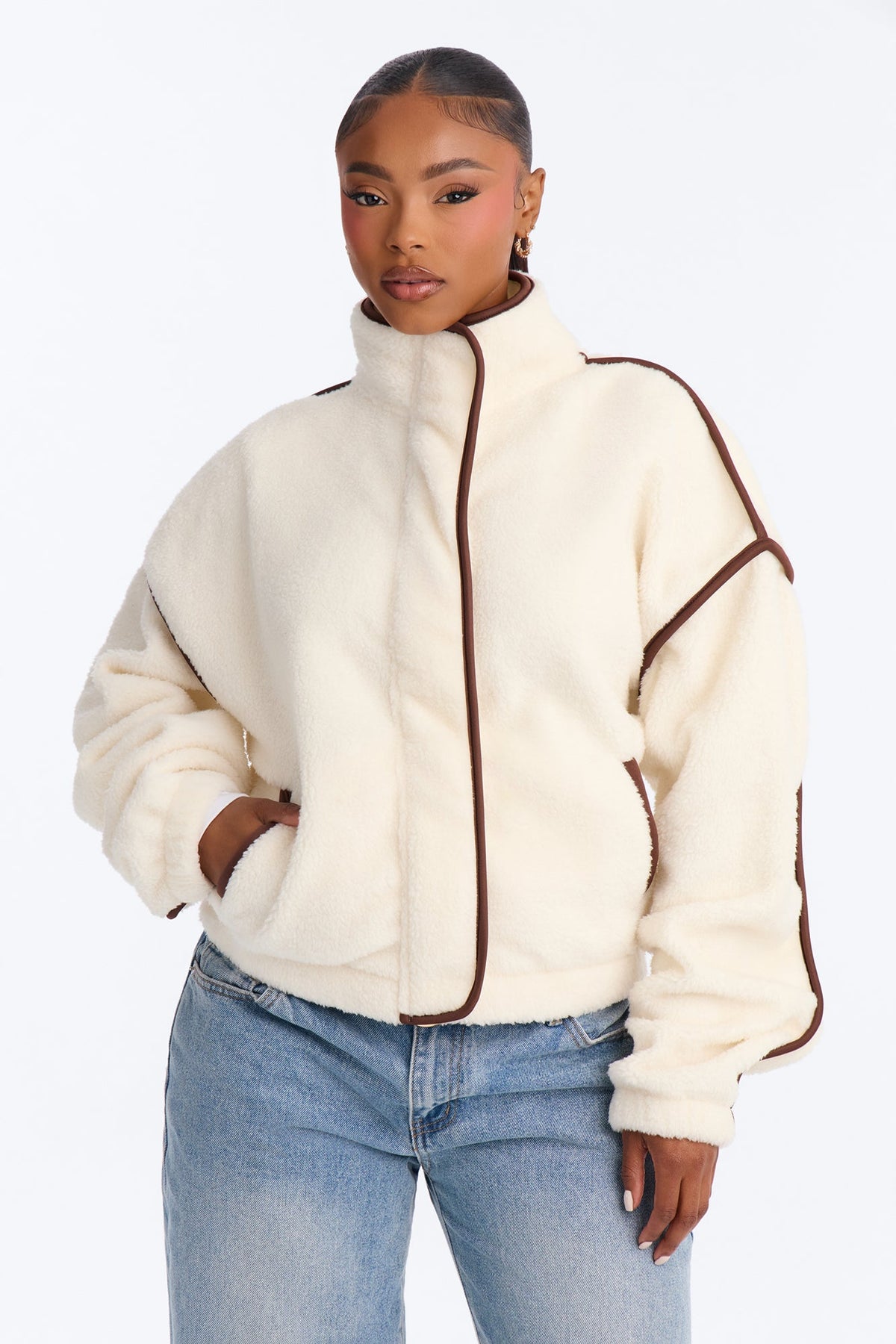 Morning Stroll Sherpa Contrast Trim Zip Up Jacket - Ivory/combo