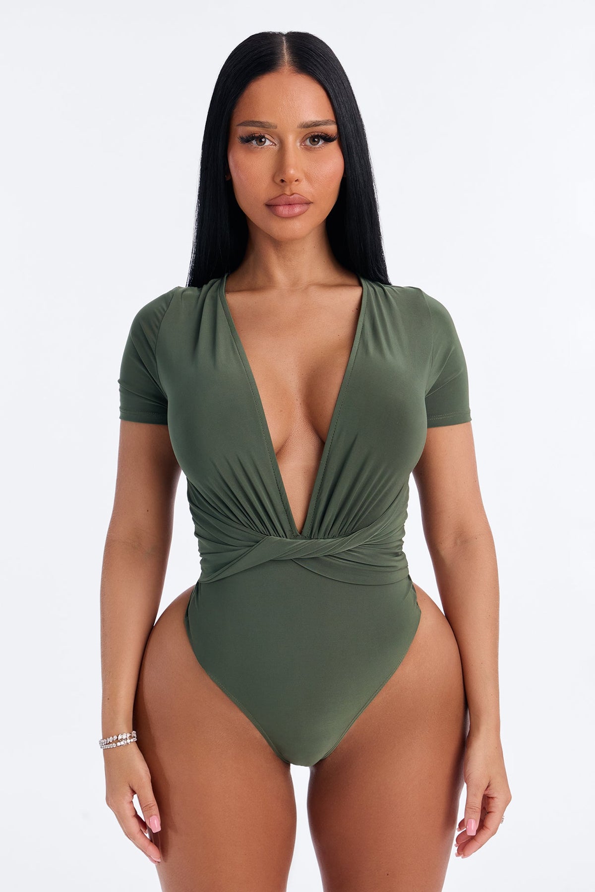 Janette Ruched Twist Short Sleeve Bodysuit - Olive