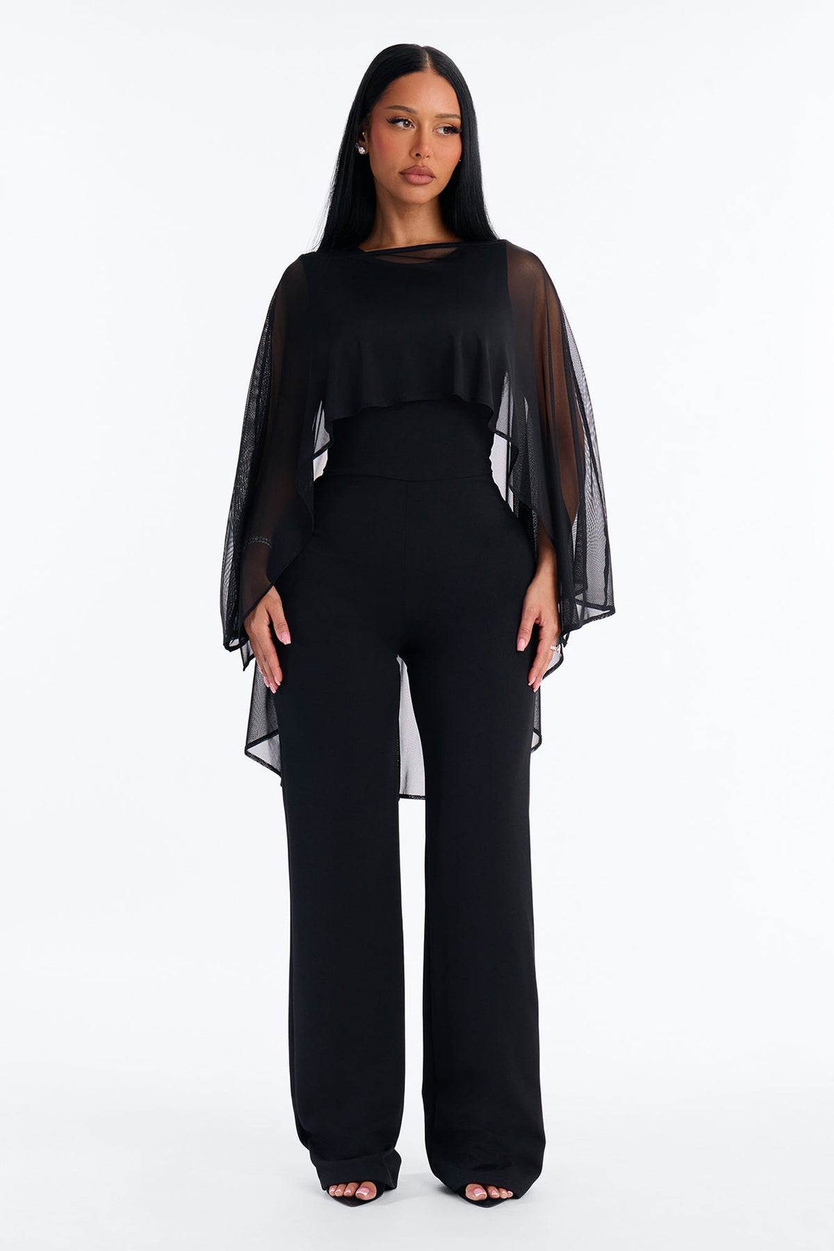 Marilyn Mesh Cape And Jumpsuit Set - Black