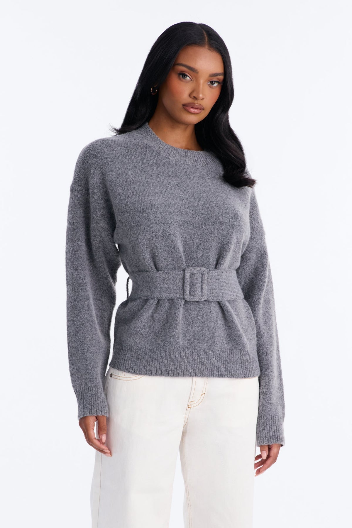 Daydreaming Belted Pullover Sweater - Grey