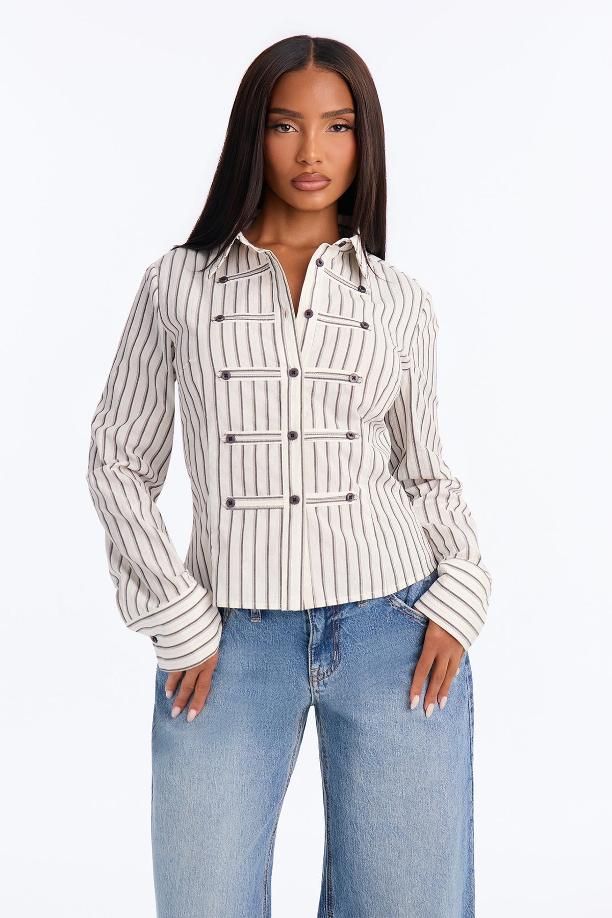 In Charge Striped Button Up Shirt - Cream/combo