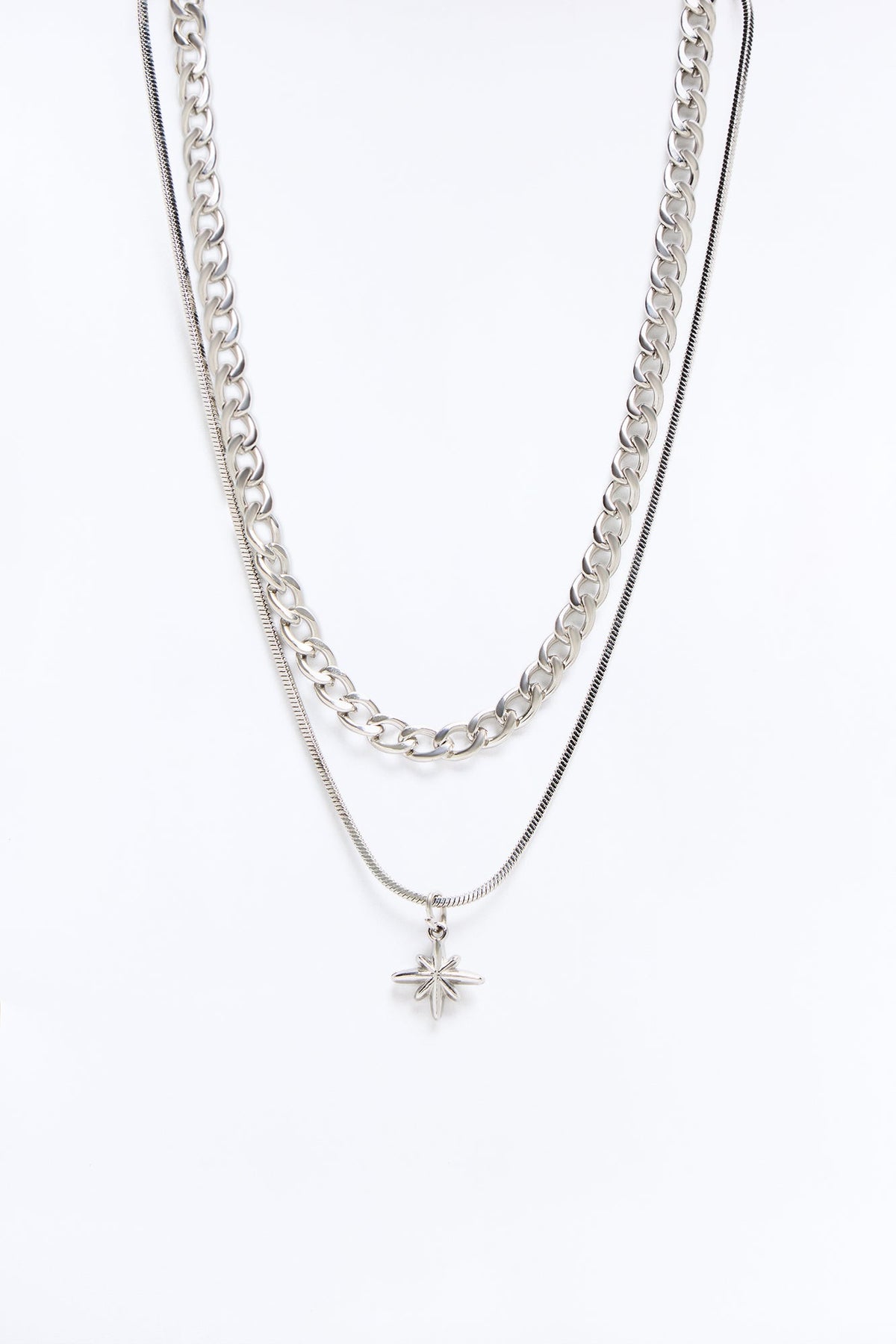 North Star Layered Necklace Set - Silver
