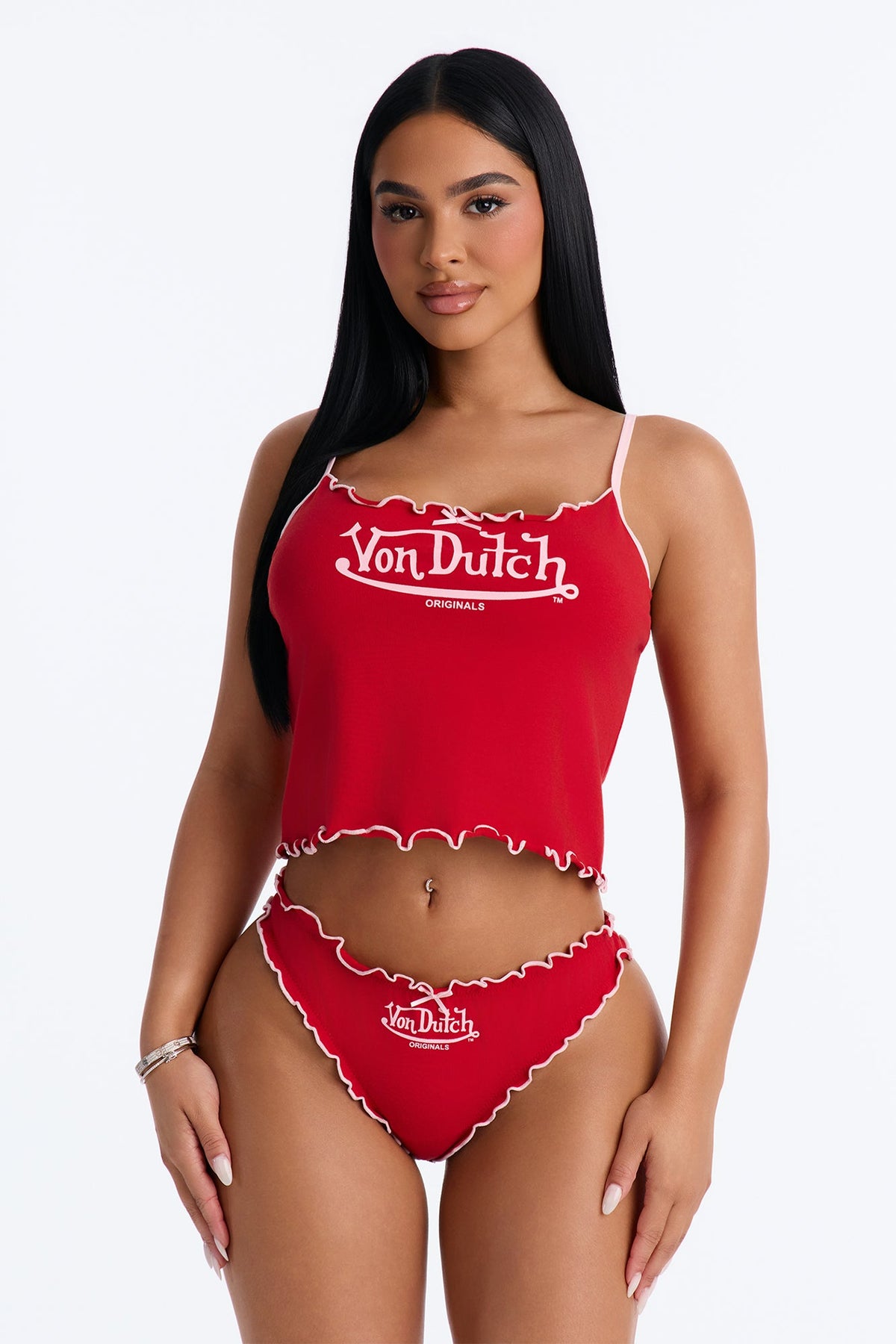 Von Dutch Lacy Trim Lettuce Edge Cami 2 Piece Set - Red