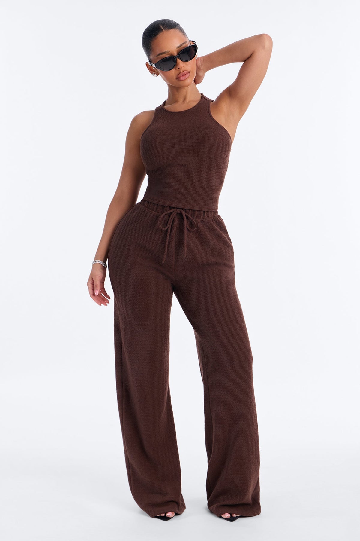 Alana Textured Wide Leg Pant Set - Chocolate
