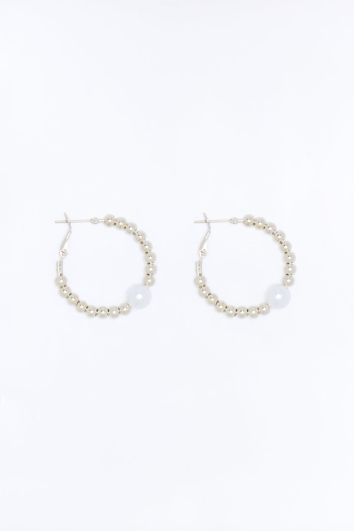 Pearly Beads Hoop Earrings - Silver